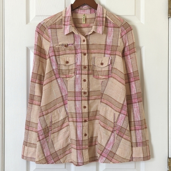 Free People Plaid Linen Blend Long Roll Tab Sleeve Button Down Shirt Tan Pink S - Picture 1 of 15